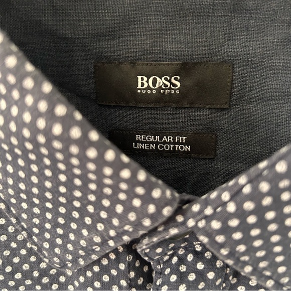 hugo boss mens L regular fit linen cotton blue and white spotted shirt - Picture 3 of 4
